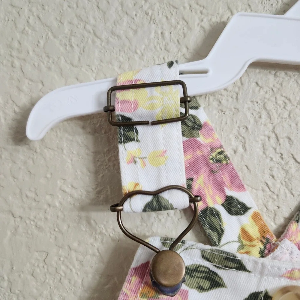 Little Lass Girls Size‎ 12M Floral Print Overall Denim Dress Pink Yellow White